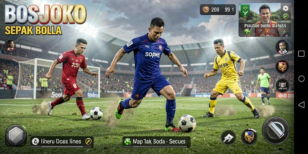 Tampilan gameplay seru di BOSJOKO, menampilkan aksi sepak bola nyata.