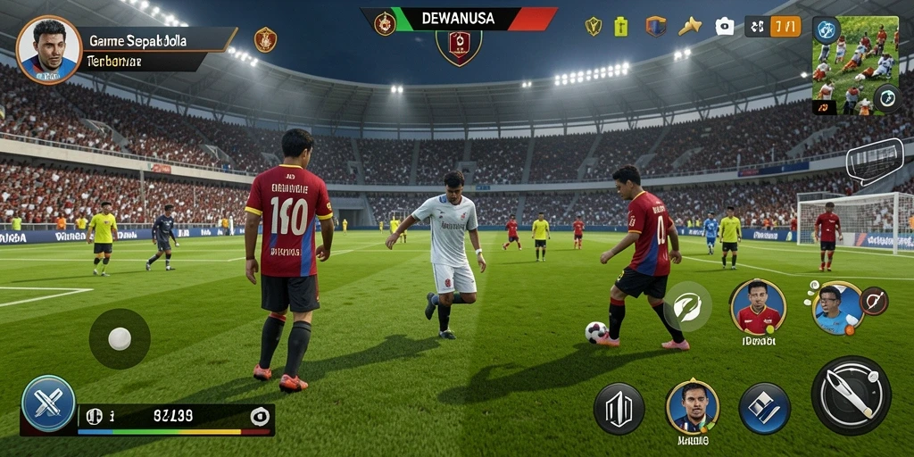 Screenshot utama DEWANUSA dengan aksi seru di lapangan sepak bola.