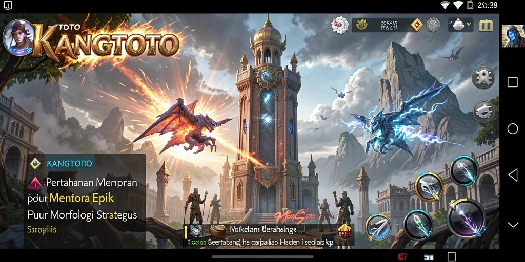 Screenshot gameplay KANGTOTO menampilkan aksi menara dan musuh yang dinamis.