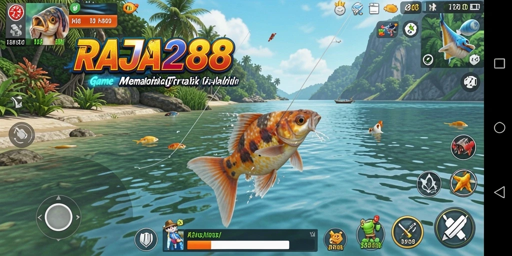 Screenshot utama RAJA288 menampilkan momen menangkap ikan di lokasi yang indah.