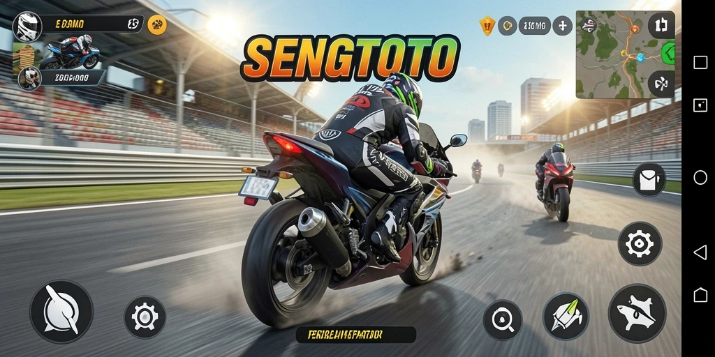 Gameplay SENGTOTO menampilkan balapan motor yang seru dan mendebarkan.
